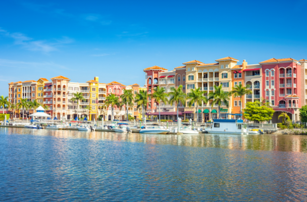 Condos and marina in Naples, Florida, USA on a sunny day.