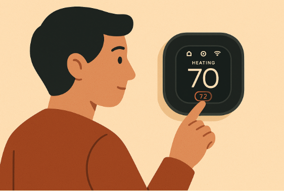 Illustration of a man checking his smart thermostat following a thermostat installation.